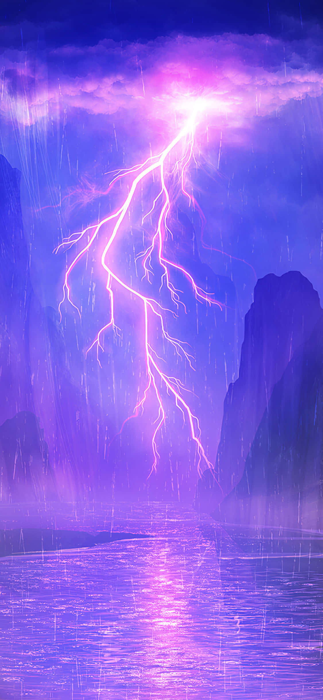 閃電 桌布 壁紙 — 一道鮮豔的紫色閃電劃過暴風雨中的山湖，反射出電光。