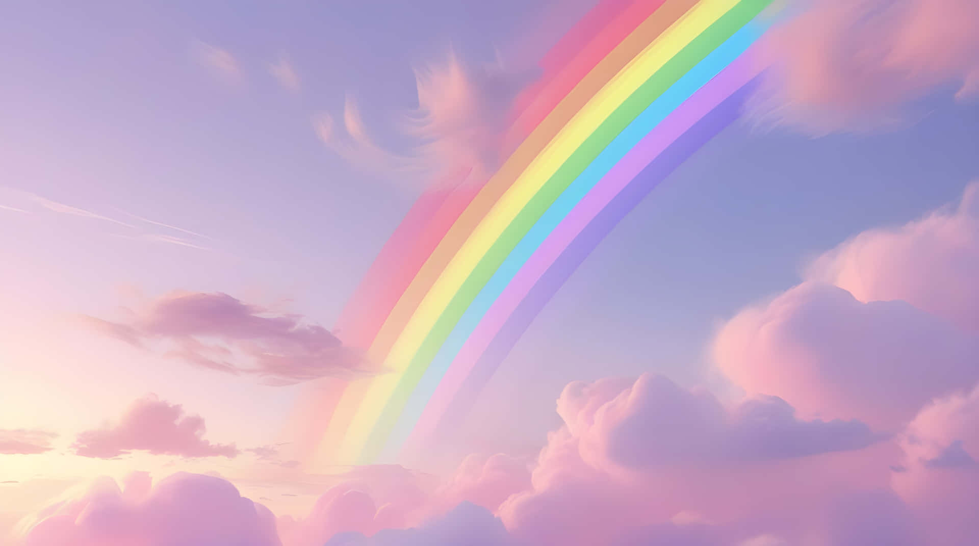 Beautiful rainbow sky 壁紙 — 一道鮮豔的雙彩虹優雅地劃過日落時分充滿柔和粉紅色和薰衣草色雲彩的粉彩天空。