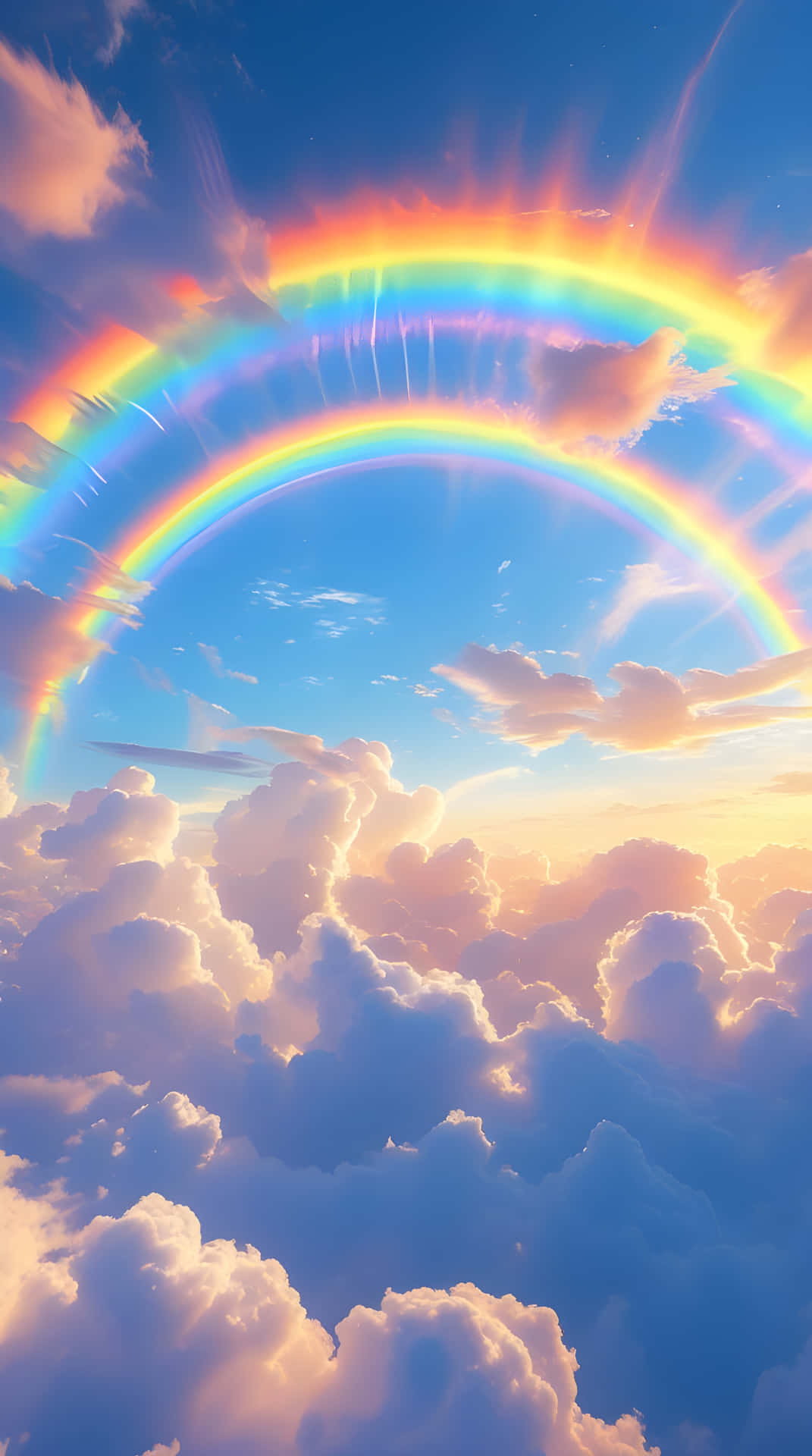 Beautiful rainbow wallpaper 壁紙 — 一道鮮豔的雙彩虹拱起在沐浴著金色夕陽光芒的蓬鬆雲朵之上，背景是深藍色的天空。