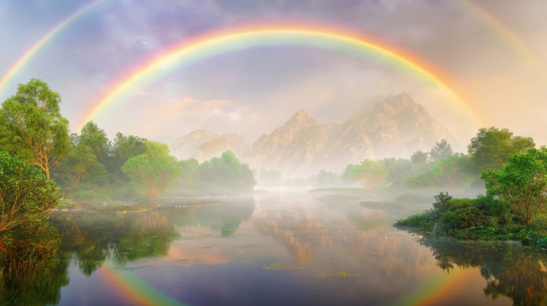 Double Rainbow Over Misty Mountain Lake Landscape 壁紙 — 一道鮮豔的雙彩虹拱起於霧氣繚繞的山巒和一條平靜的河流之上，河流映照著茂密的綠樹和柔和的金色光芒。