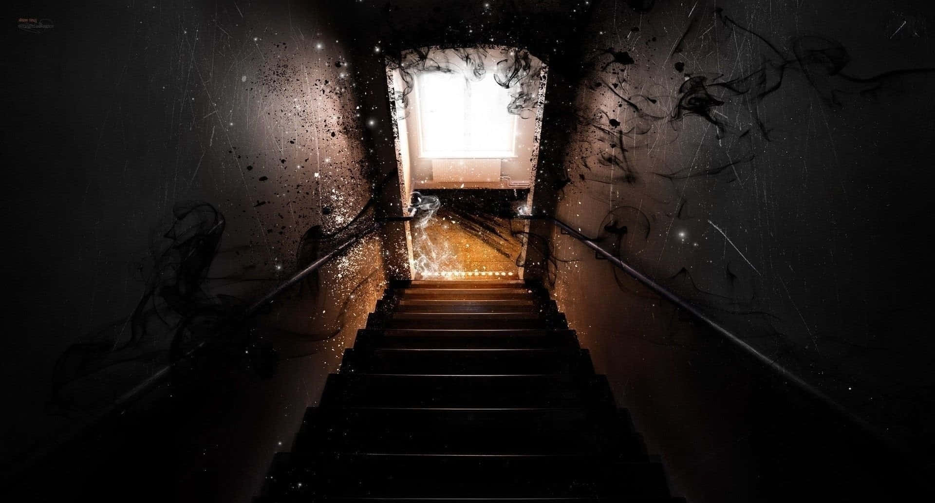 Spooky Art 桌布 壁紙 — 一道黑暗的樓梯向上延伸至一扇明亮的窗戶，牆上有發光的粒子和旋轉的黑色卷鬚。
