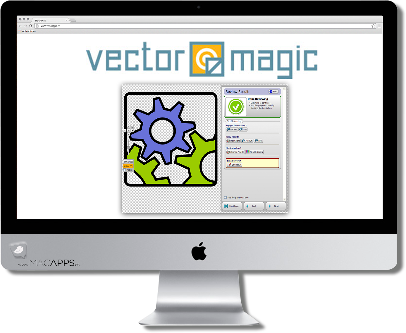 Monitor 桌布 壁紙 — 一部 iMac 顯示 Vector Magic 軟體介面，展示藍色齒輪和綠色葉片圖形以及審查結果面板。