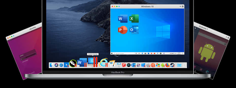 筆電 桌布 壁紙 — 一部 MacBook Pro 顯示 Windows 10 桌面及應用程式圖示，Ubuntu 和 Android 裝置在旁邊漂浮於深色背景上。