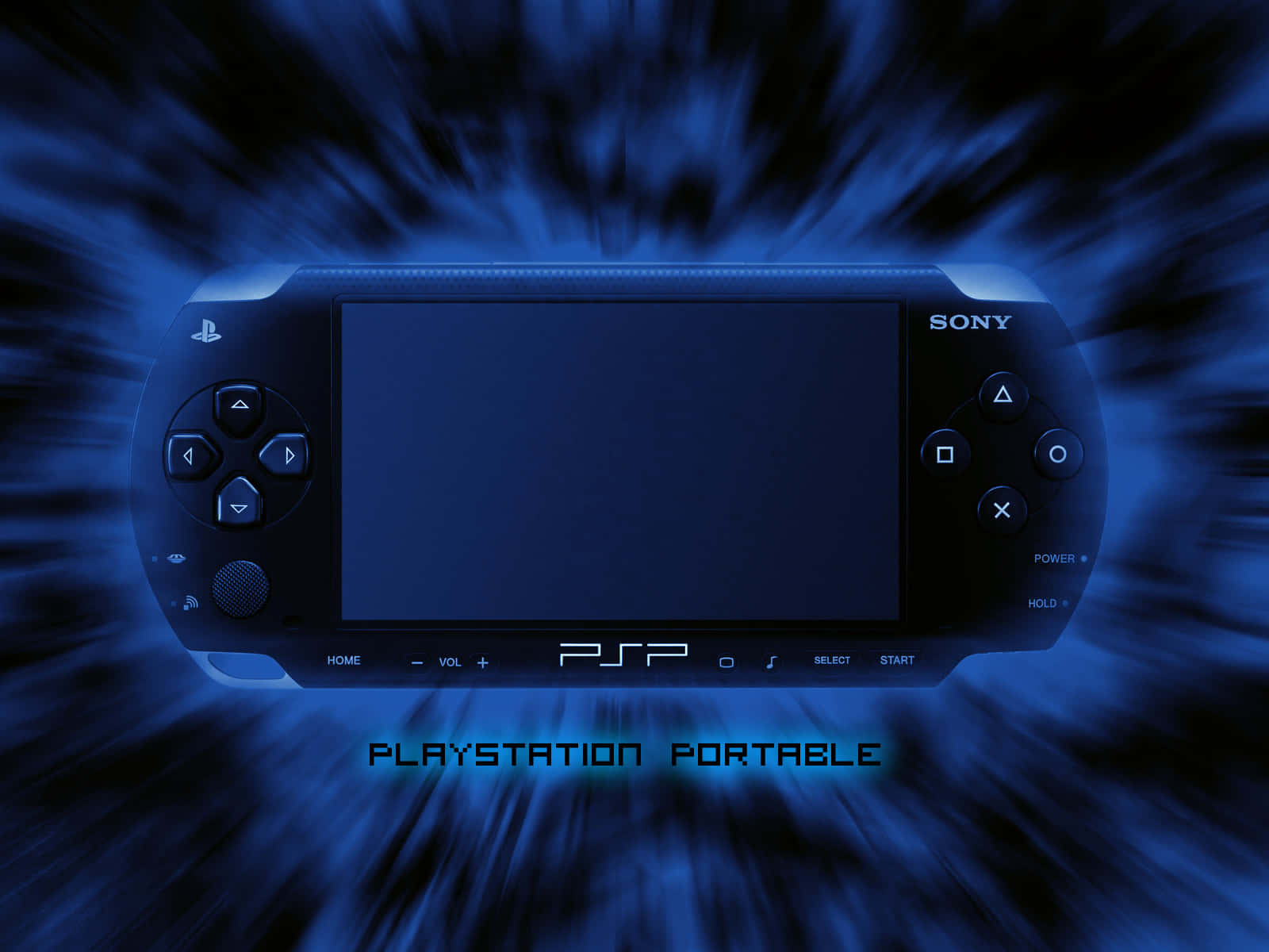 Psp 桌布 壁紙 — 一部 Sony PlayStation Portable 在動態放射狀爆發背景中發出電光藍光。