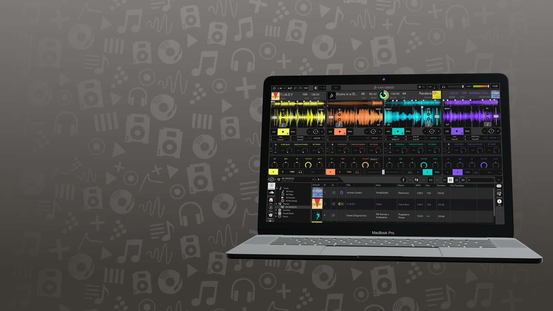 DJ 桌布 壁紙 — 一部MacBook Pro在帶有音樂圖標圖案的灰色背景上顯示充滿活力的音樂製作軟體介面。