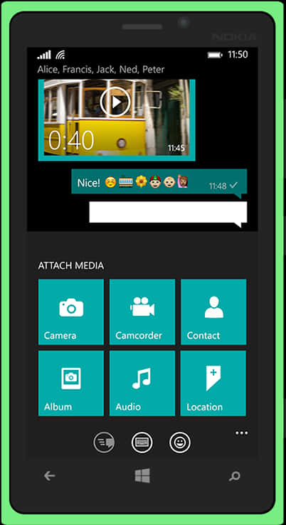 WhatsApp 聊天 桌布 壁紙 — 一部Nokia手機在青綠色介面上顯示帶有黃色電車和多媒體附件選項的視訊聊天。