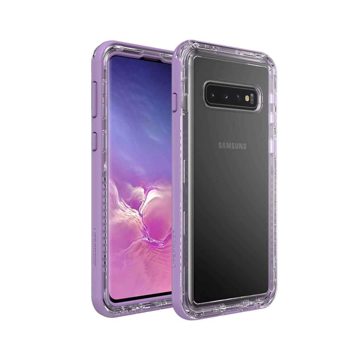Galaxy S10 桌布 壁紙 — 一部三星手機放在紫色透明保護殼中，從正面和背面展示在白色背景上。