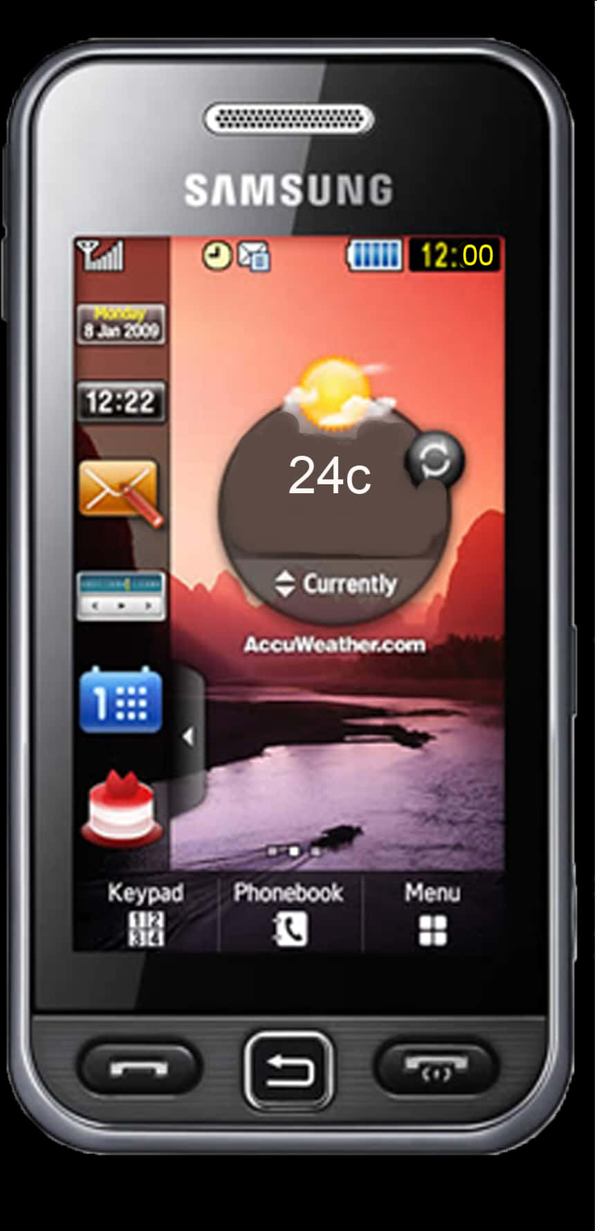 Mobile Phone 桌布 壁紙 — 一部三星手機顯示天氣小工具，在夕陽映照水面的背景下顯示24°C，並帶有應用程式圖示。