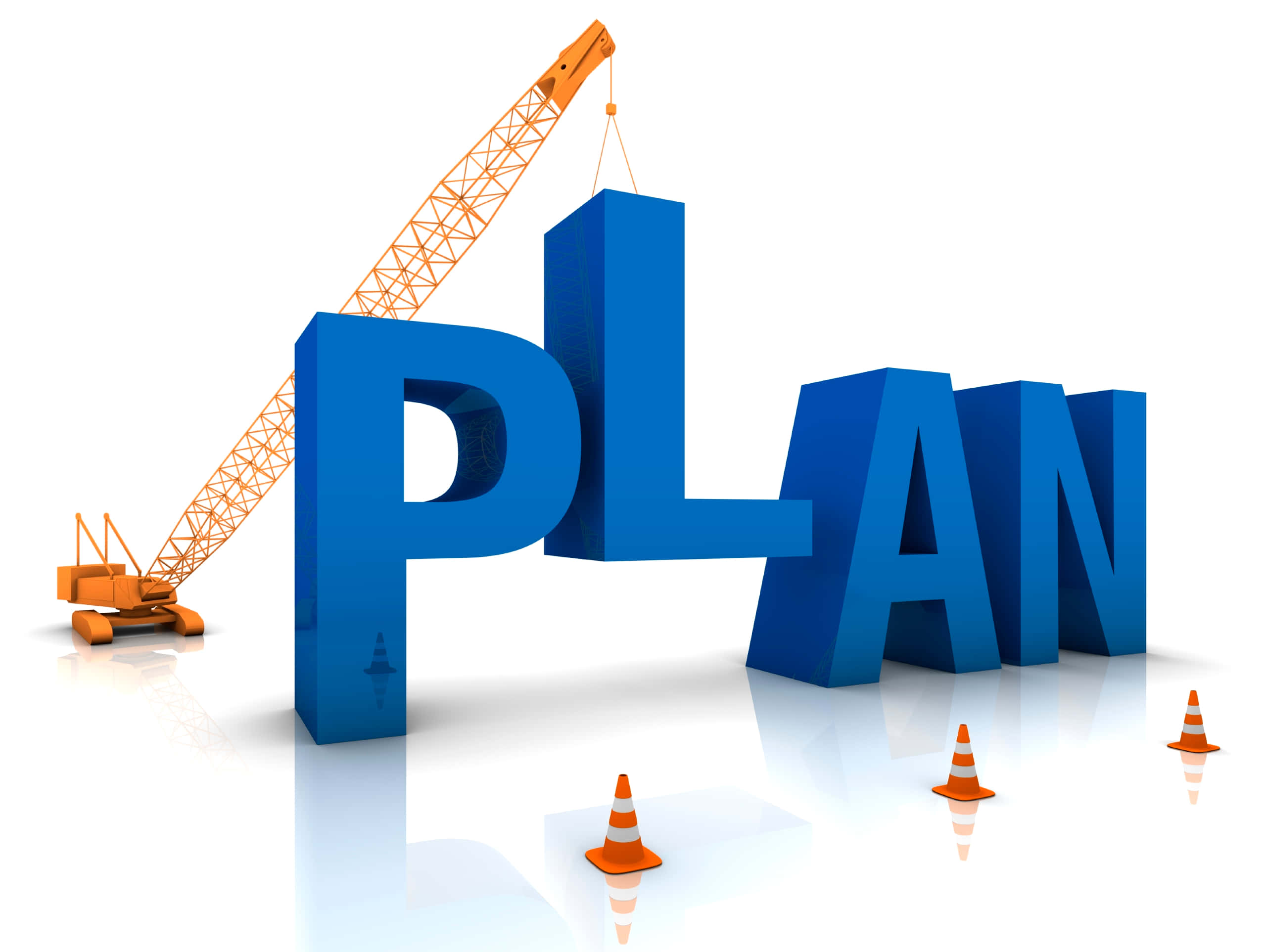 Planning 桌布 壁紙 — 一部亮橙色起重機吊起一個藍色3D字母P，作為單詞PLAN的一部分，周圍有交通錐，位於反光白色表面上。