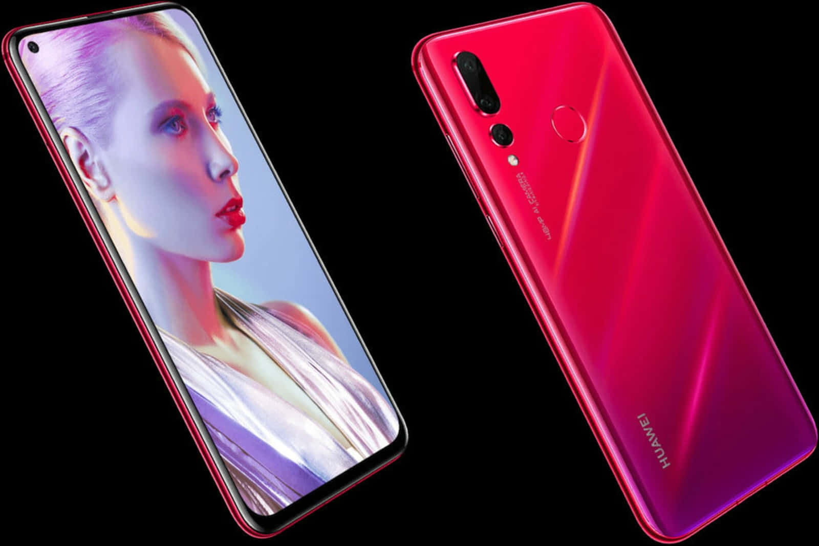 紅色Huawei智慧型手機展示正面和背面，螢幕上有女士肖像。
