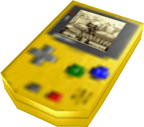 電玩遊戲 桌布 壁紙 — 一部亮黃色的 Game Boy，帶有棕褐色調的螢幕，顯示像素化的遊戲場景。