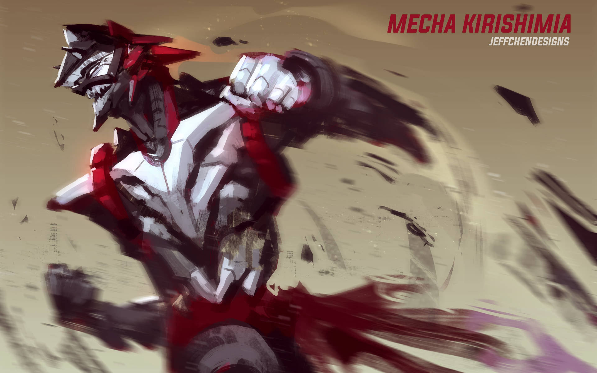 Kirishima 桌布 壁紙 — 一部充滿動感的動畫機甲，身穿紅白裝甲，在塵土飛揚的戰場上向前衝刺，碎片在動態模糊中飛舞。