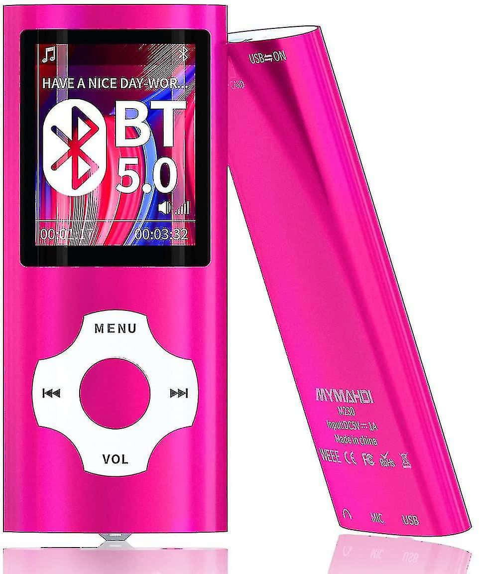 Music Player 桌布 壁紙 — 一部充滿活力的粉紅色便攜式音樂播放器，配備藍牙5.0顯示螢幕，顯示色彩繽紛的抽象背景和播放控制。