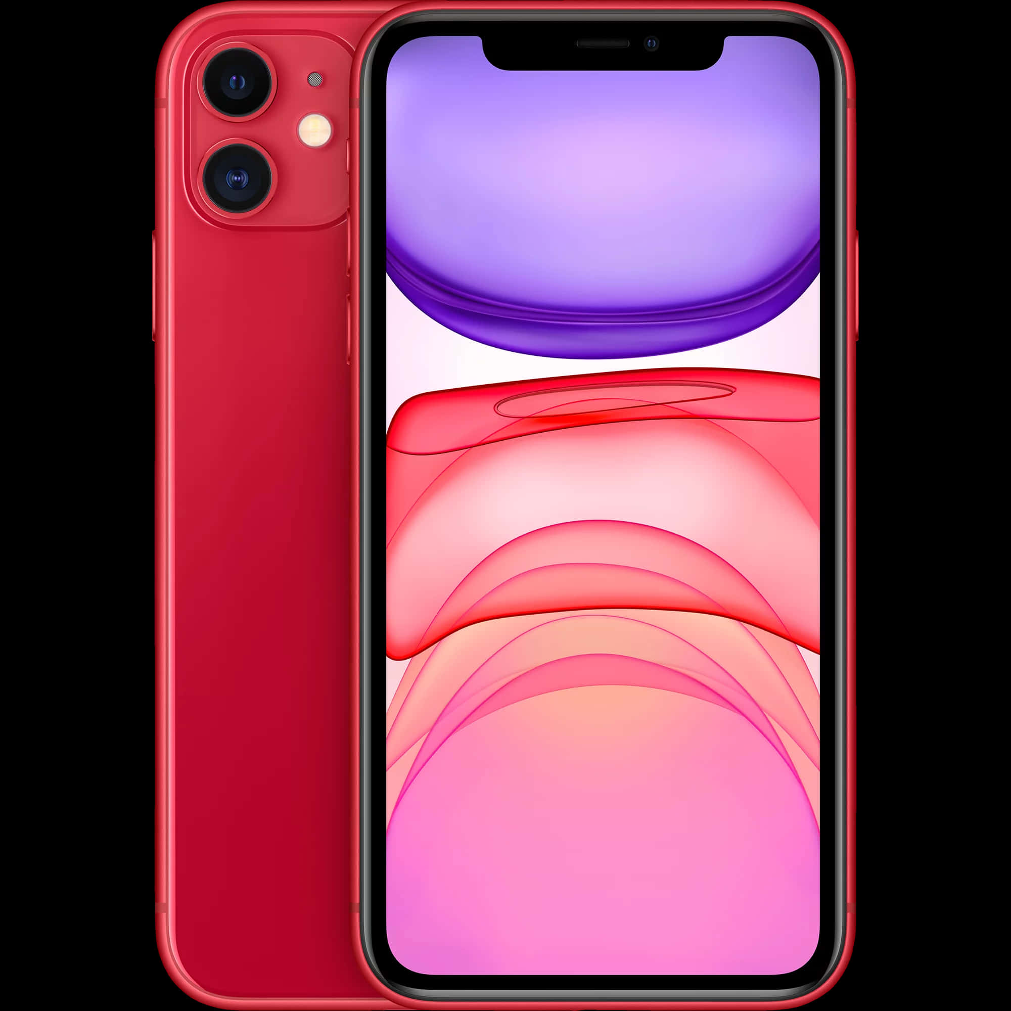 Apple Phone 桌布 壁紙 — 一部充滿活力的紅色 iPhone 11 在黑色背景前展示正面和背面，螢幕上顯示色彩繽紛的抽象桌布。