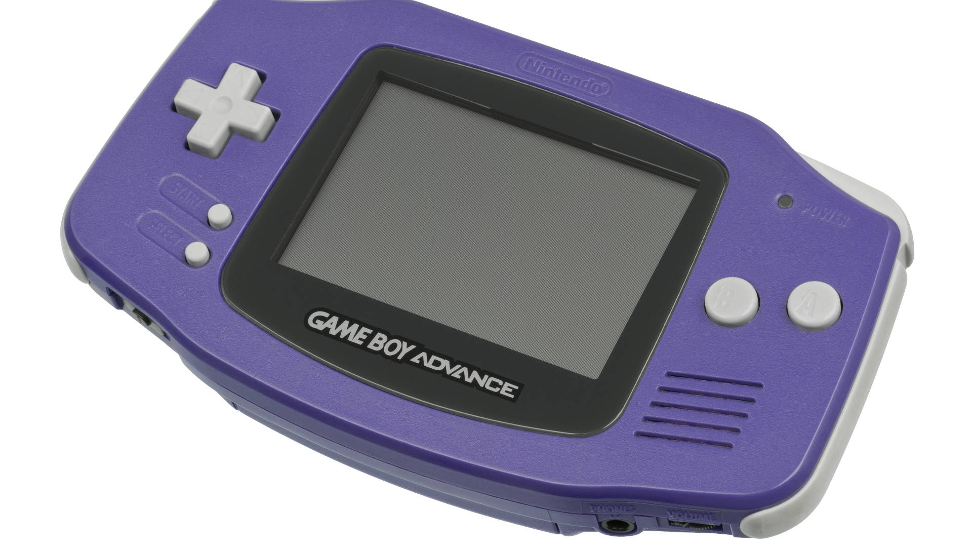 game 桌布 壁紙 — 一部充滿活力的紫色 Nintendo Game Boy Advance 手提遊戲機，在白色背景下的乾淨工作室照片中展示。