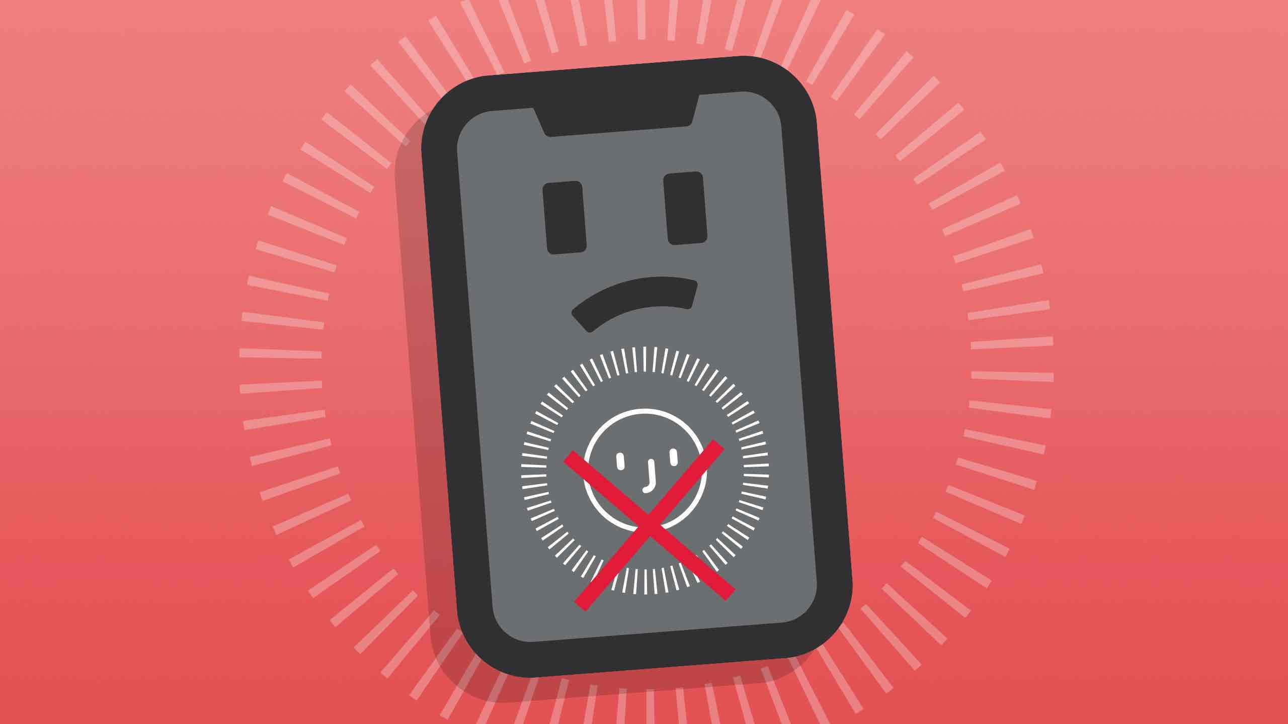 Face Id 桌布 壁紙 — 一部卡通智慧型手機，螢幕上有一個悲傷的表情和一個被劃掉的微笑圖示，背景為紅色漸層。