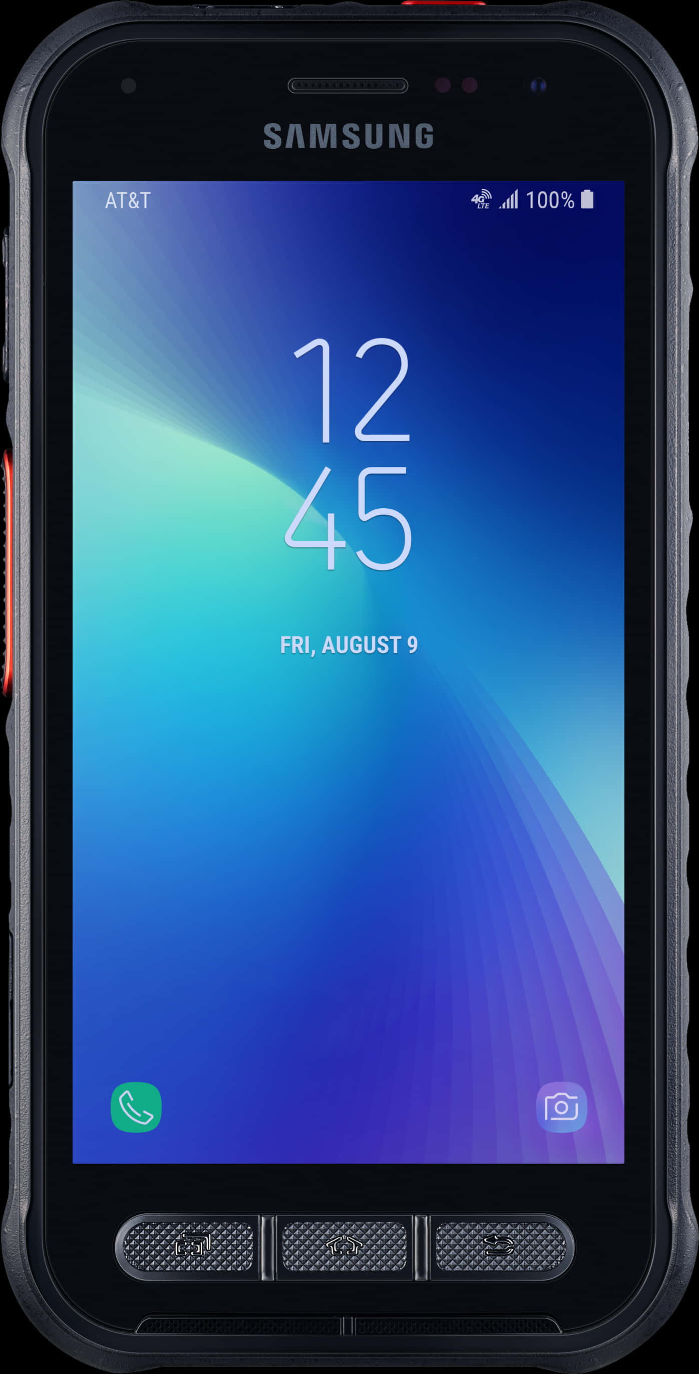 Mobile Phone 桌布 壁紙 — 一部堅固的Samsung手機顯示充滿活力的藍色漸變桌布，帶有時間、日期和狀態圖示。