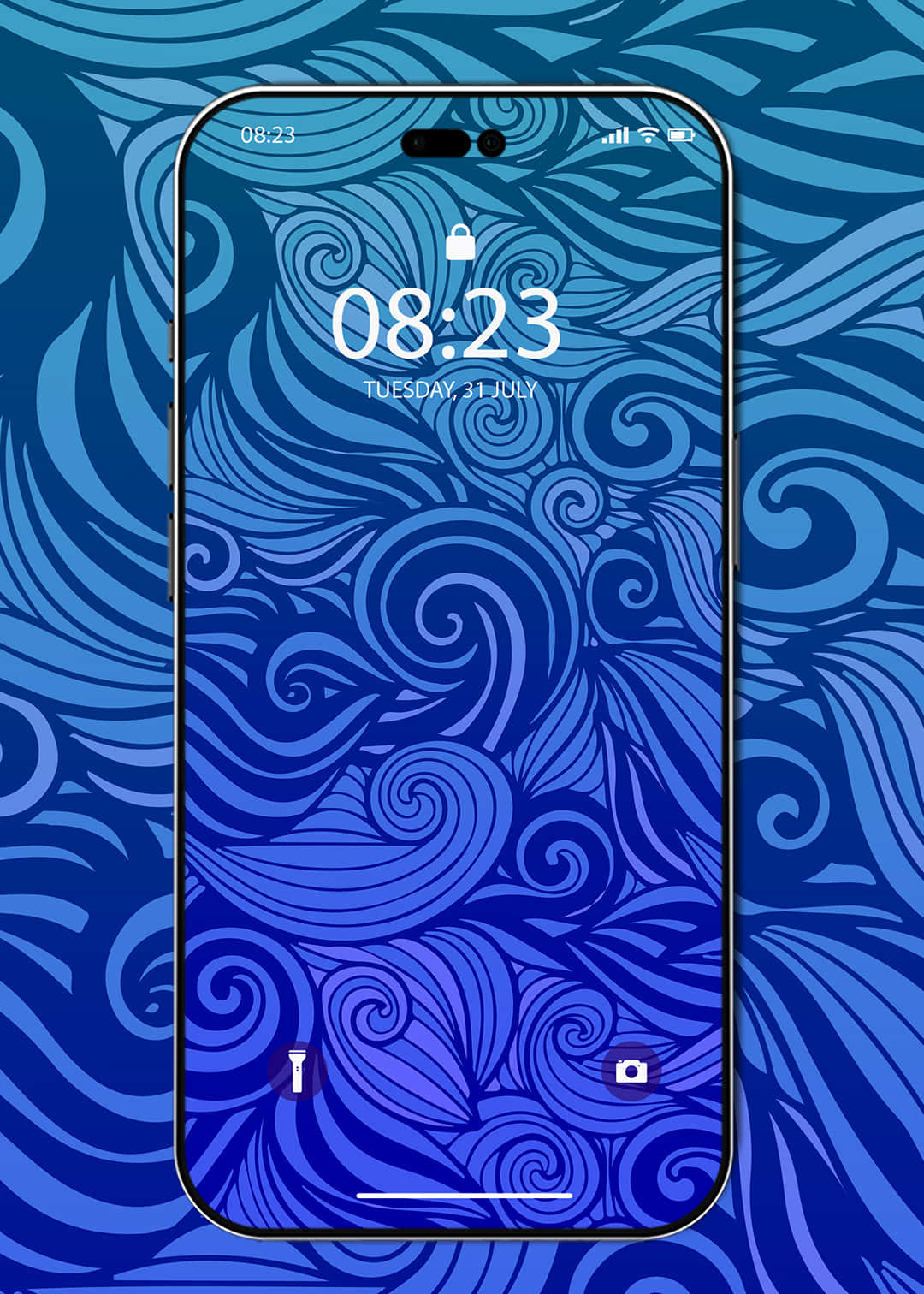 Pattern Phone 桌布 壁紙 — 一部帶有藍色漩渦圖案桌布的智慧型手機顯示時間 08:23 和日期 7 月 31 日星期二。