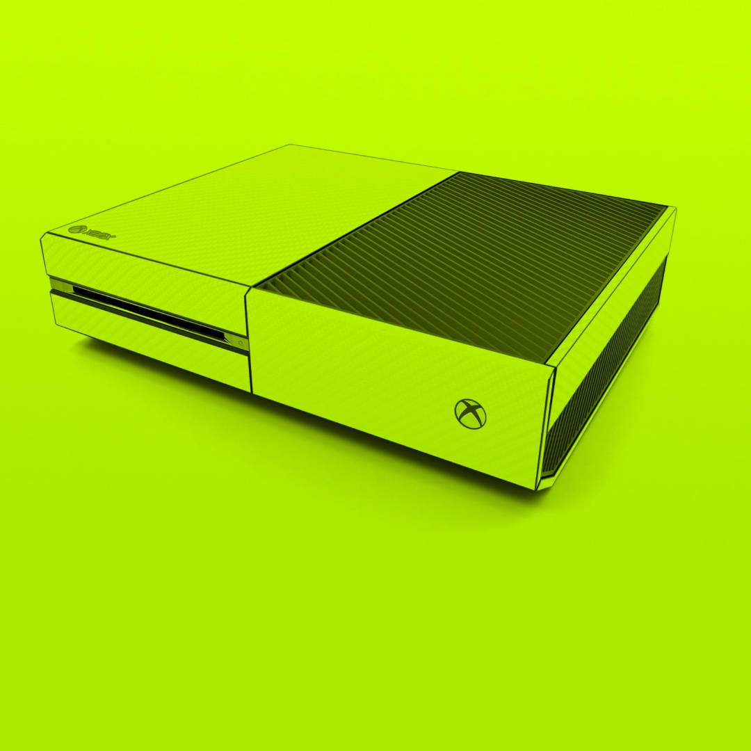 Xbox 桌布 壁紙 — 一部帶有黑色點綴和極簡線條藝術的螢光綠色Xbox One主機，背景為相配的鮮豔色彩。