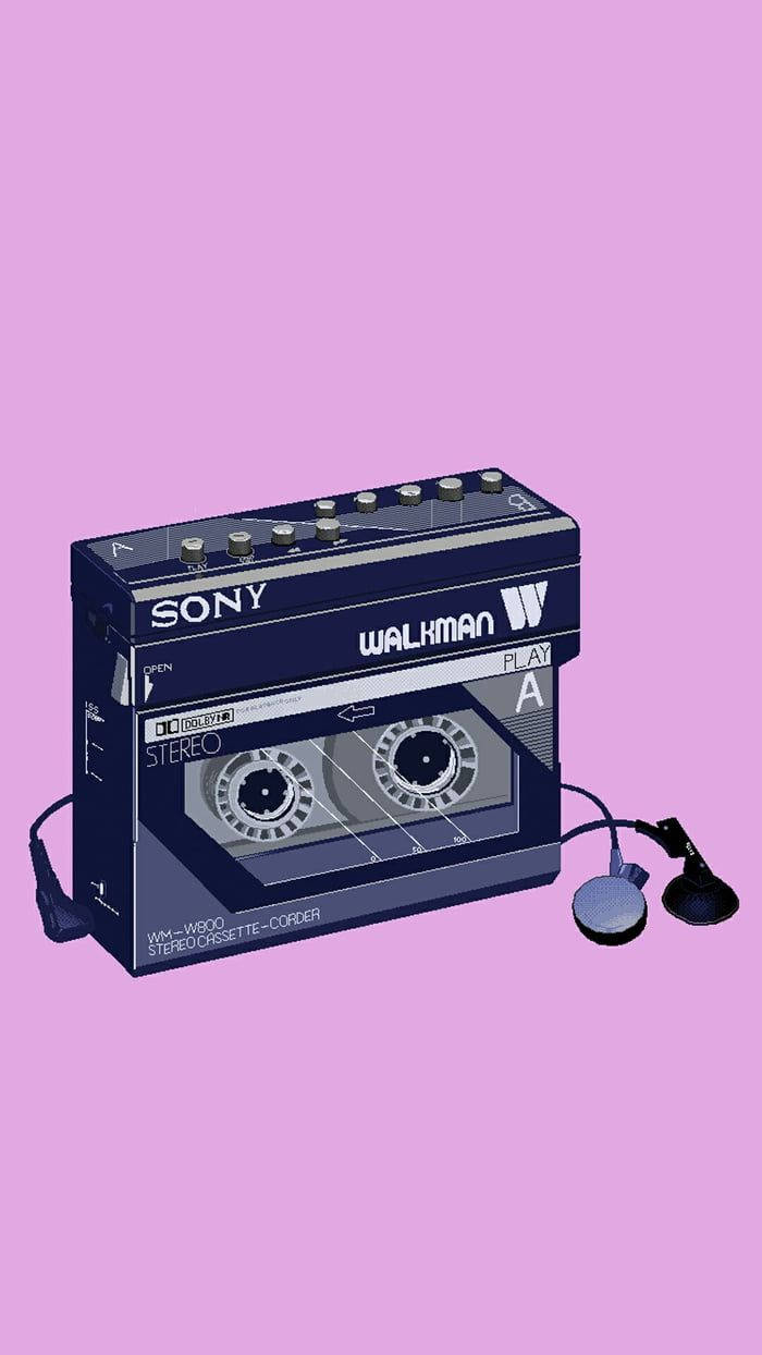 音樂美學 桌布 壁紙 — 一部帶耳機的復古 Sony Walkman 立體聲卡式錄音機，背景為純粉紅色。