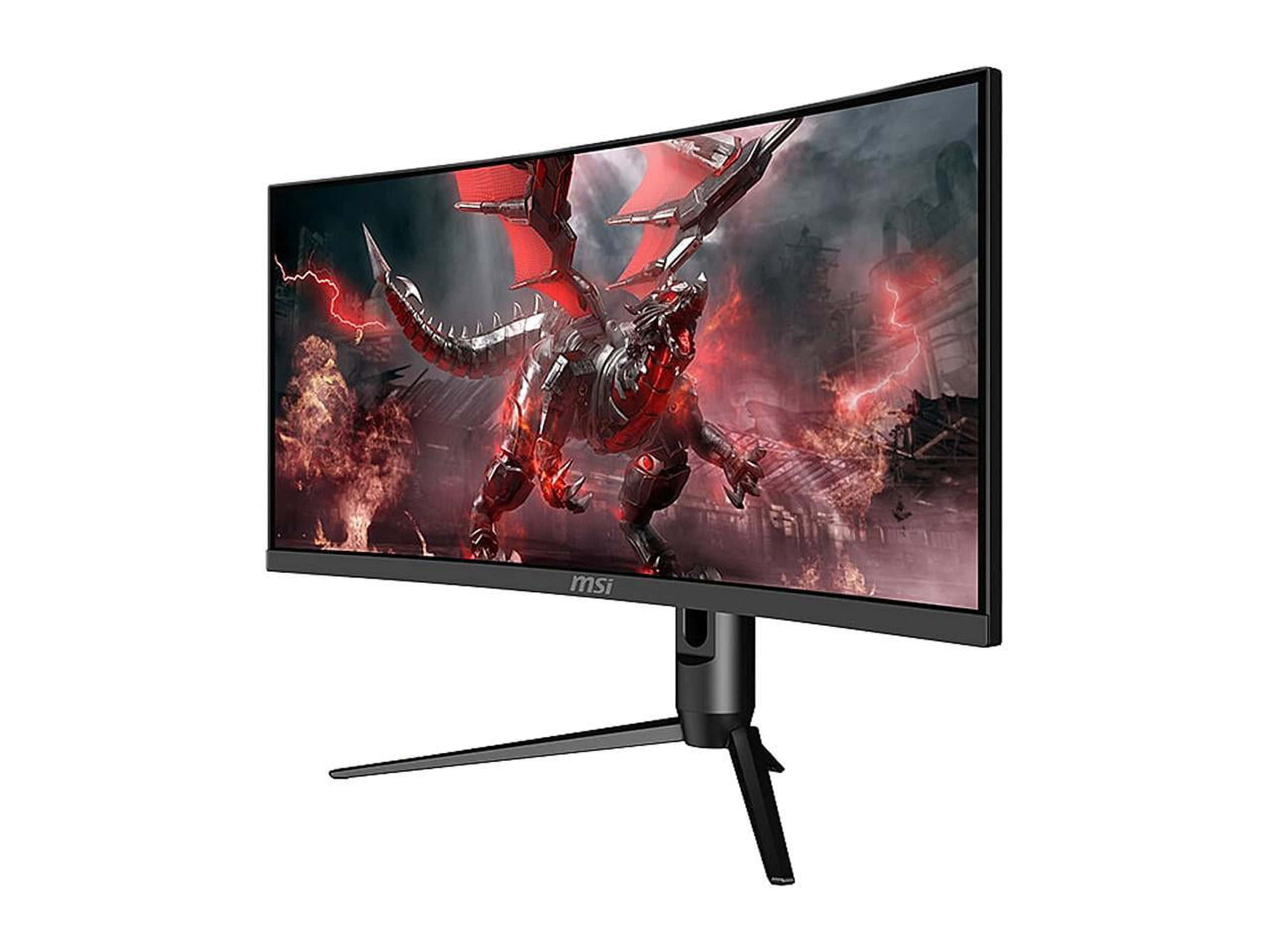 msi 2560x1080 桌布 壁紙 — 一部彎曲的MSI遊戲顯示器在暴風雨的天空和爆炸中顯示出一條火紅色的機械龍。