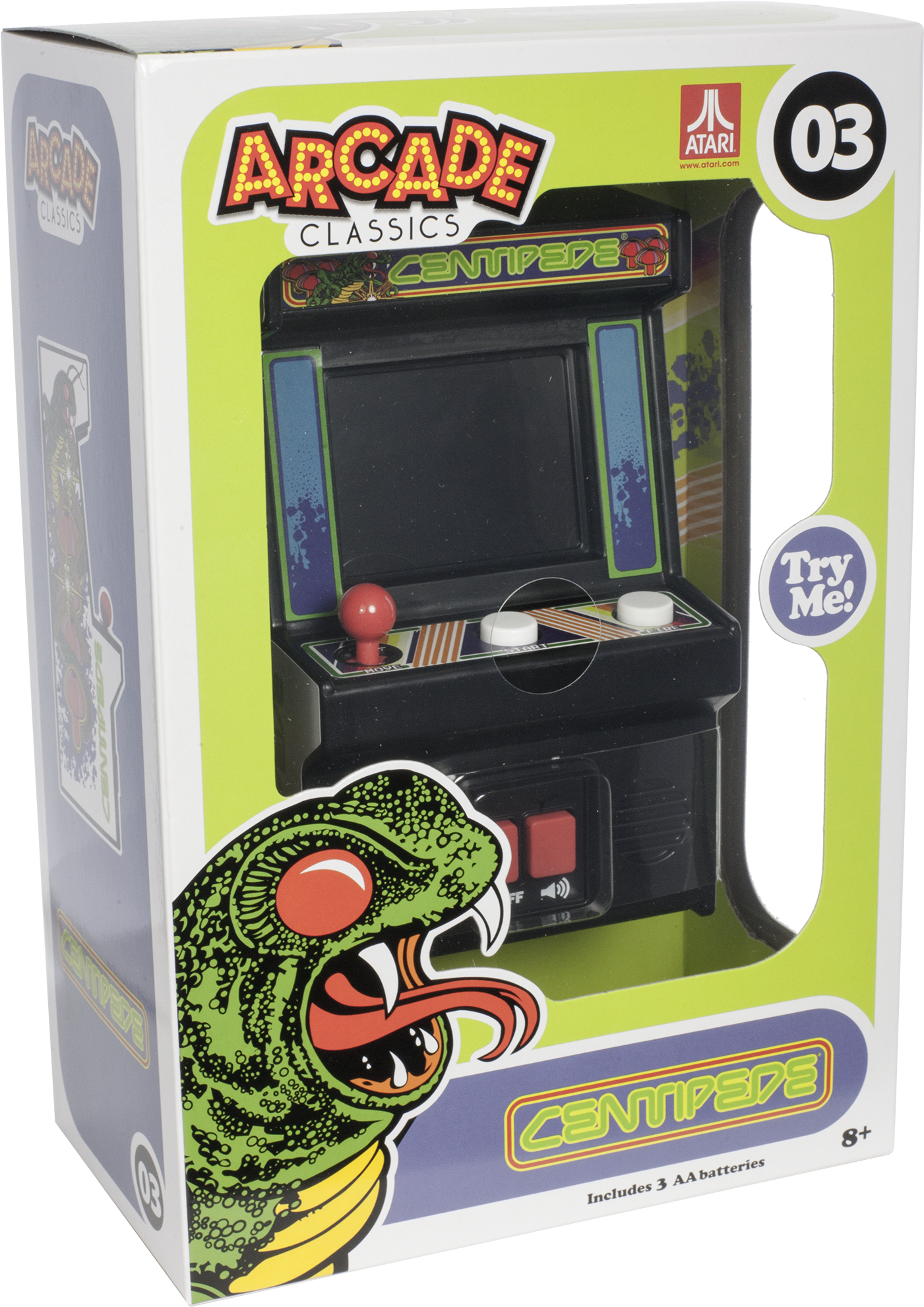Centipede 桌布 壁紙 — 一部復古Atari Centipede街機，裝在色彩繽紛的盒子裡，帶有大型綠色蜈蚣圖案。