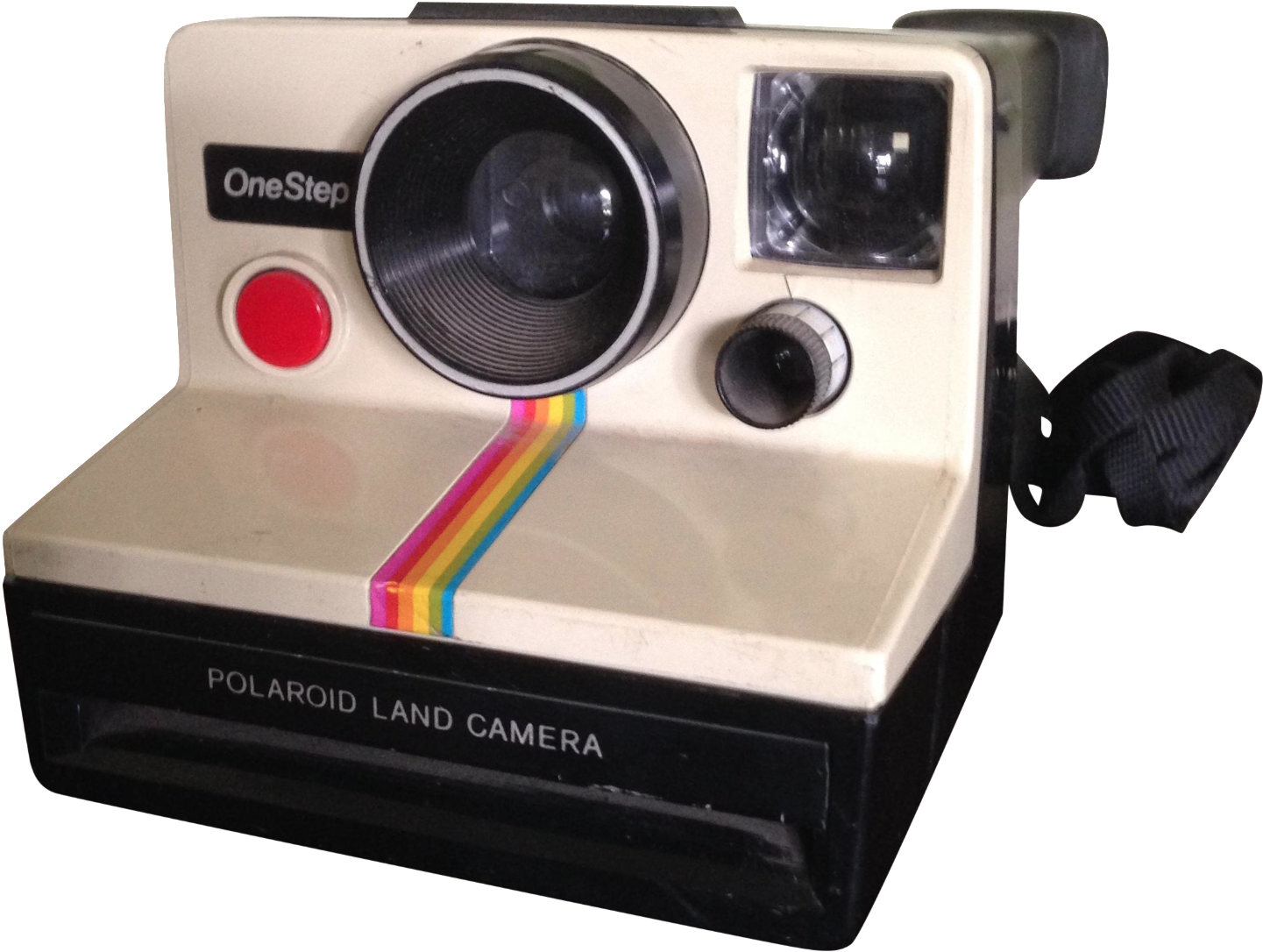相機 桌布 壁紙 — 一部復古Polaroid OneStep Land相機，帶有彩虹條紋和紅色快門按鈕，背景為黑色。