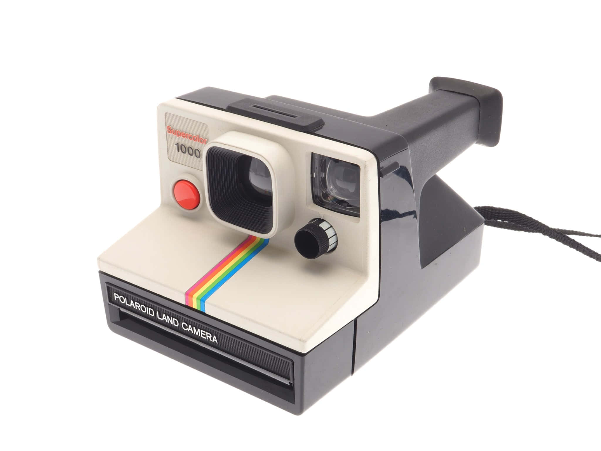 相機 桌布 壁紙 — 一部復古Polaroid Super 800 Land相機，帶有彩虹條紋和紅色快門按鈕，白色背景。