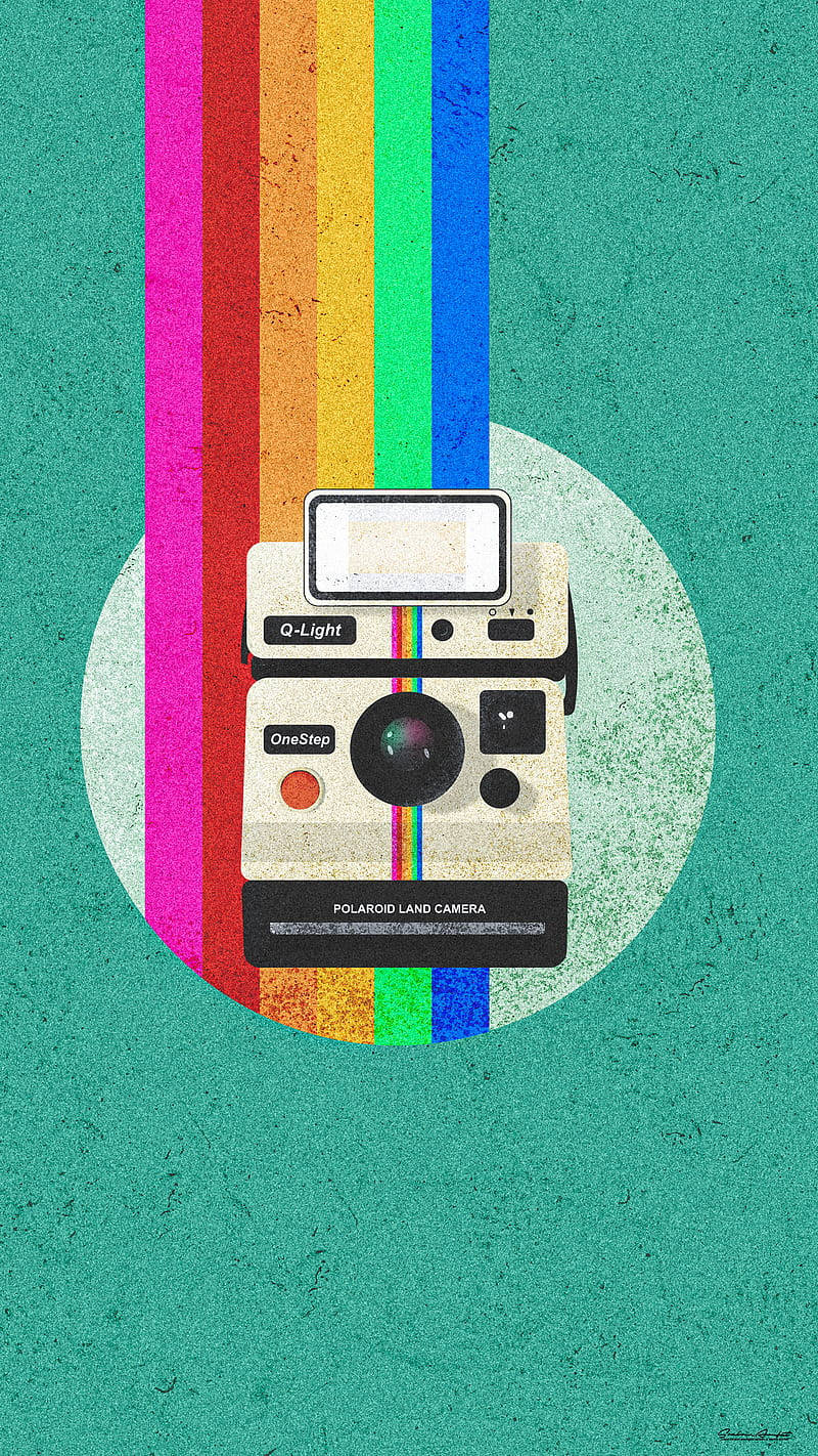 Vintage Minimalist 桌布 壁紙 — 一部復古寶麗萊Land相機在紋理青綠色背景上發出鮮豔的彩虹條紋。