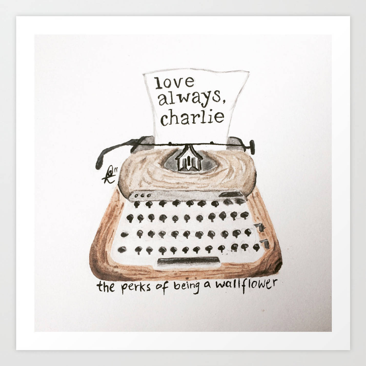 A 桌布 壁紙 — 一部復古打字機的水彩插圖，紙上寫著「love always, charlie」，下方文字為「the perks of being a wallflower」。