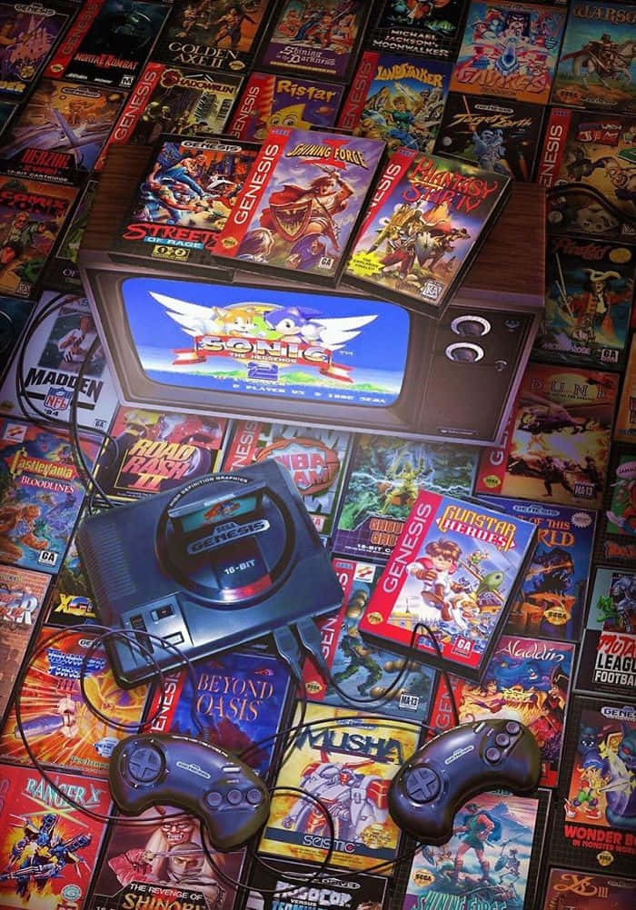 nostalgic 桌布 壁紙 — 一部復古的 Sega Genesis 主機和遊戲散落在地板上，一部 CRT 電視顯示著《音速小子 2》。