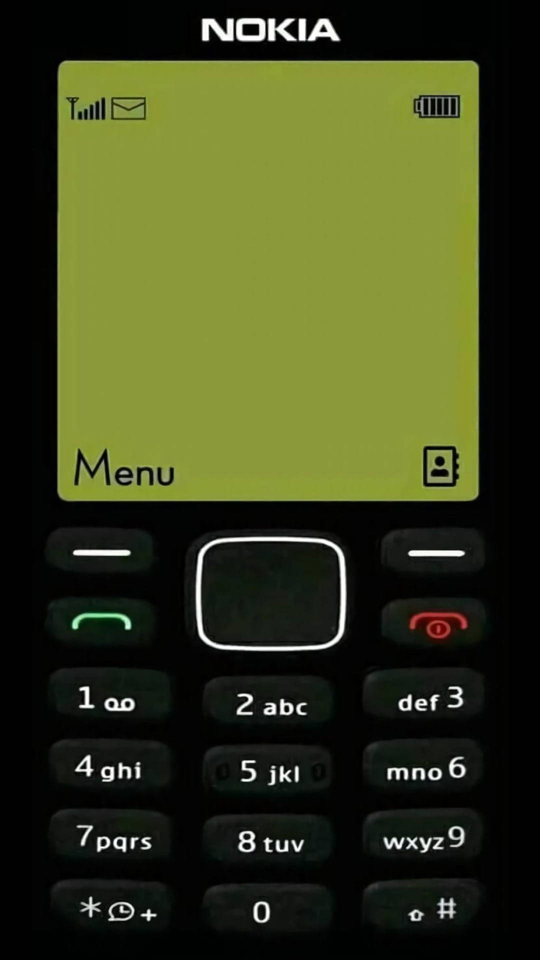 Black Phone 桌布 壁紙 — 一部復古的Nokia手機，帶有萊姆綠色螢幕和黑色鍵盤，顯示選單選項。