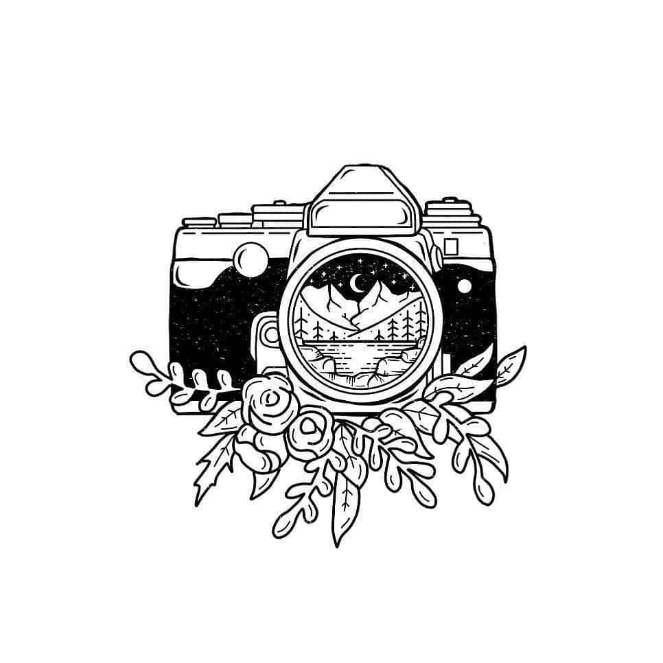 Black And White Drawings 桌布 壁紙 — 一部復古相機被玫瑰和樹葉環繞，鏡頭中可見新月下的山湖景色。