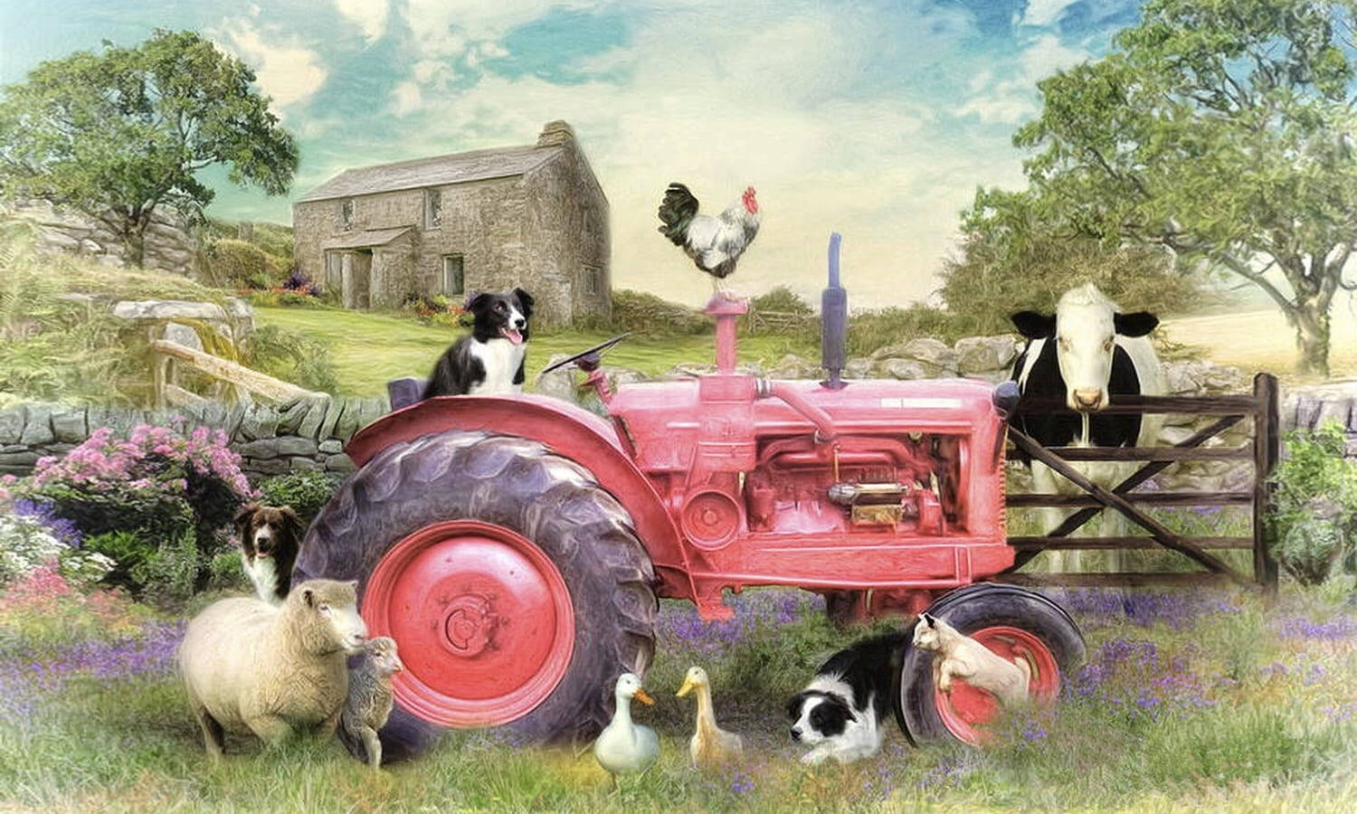 Farmhouse 桌布 壁紙 — 一部復古紅色拖拉機，被牧羊犬、牛、鴨子和一隻公雞包圍在田園鄉村場景中。