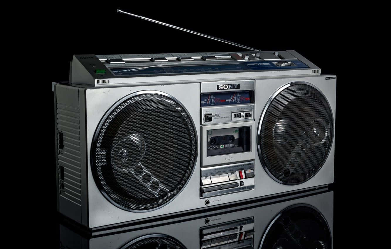 復古 桌布 壁紙 — 一部復古銀色Sony手提音響，配備大型揚聲器和伸長天線，立於黑色背景前的反光表面上。
