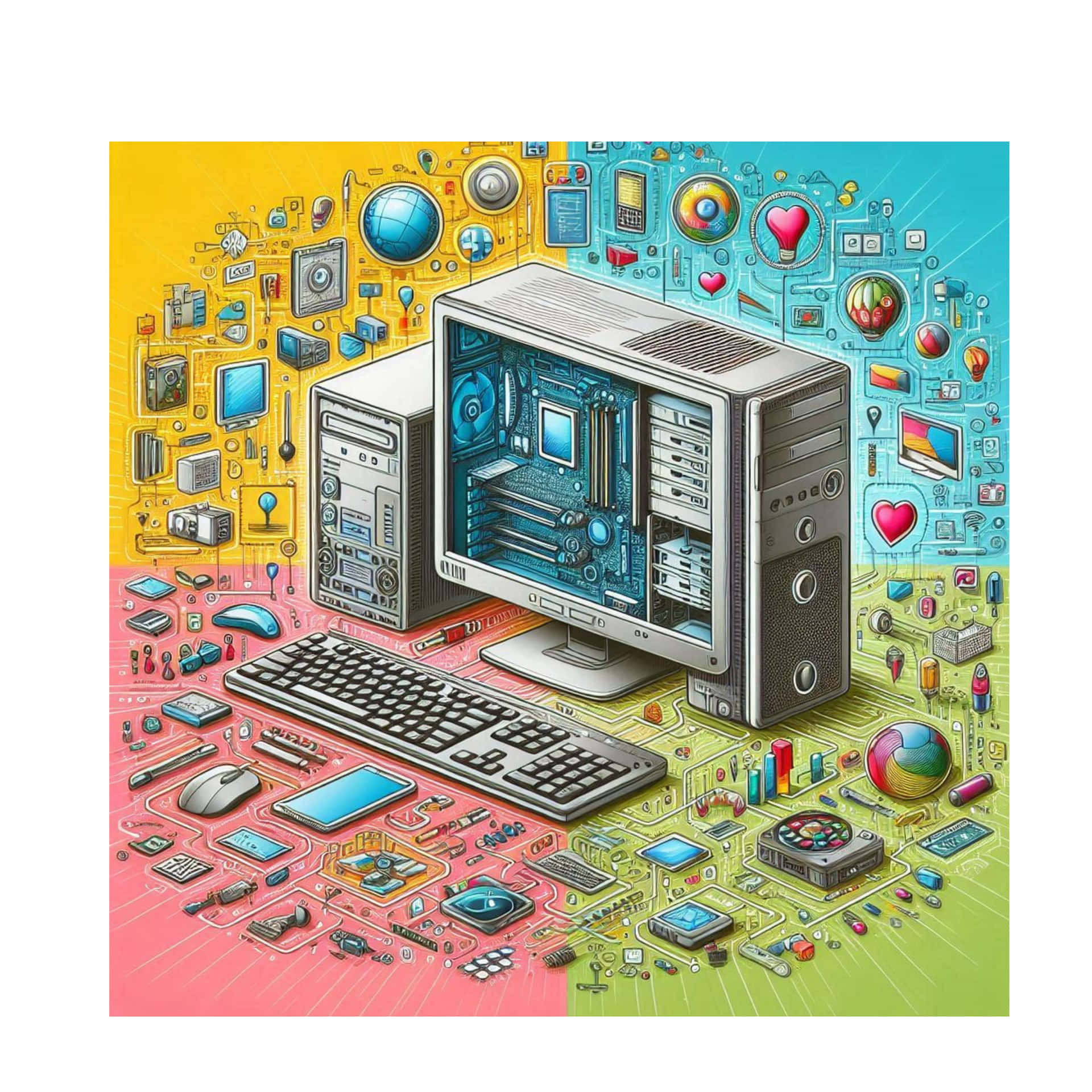 A computer motherboard is shown with a variety of components, including a CPU 壁紙 — 一部復古電腦，機箱打開露出藍色內部，放在色彩繽紛的電路板地板上，周圍是科技小工具和圖標。