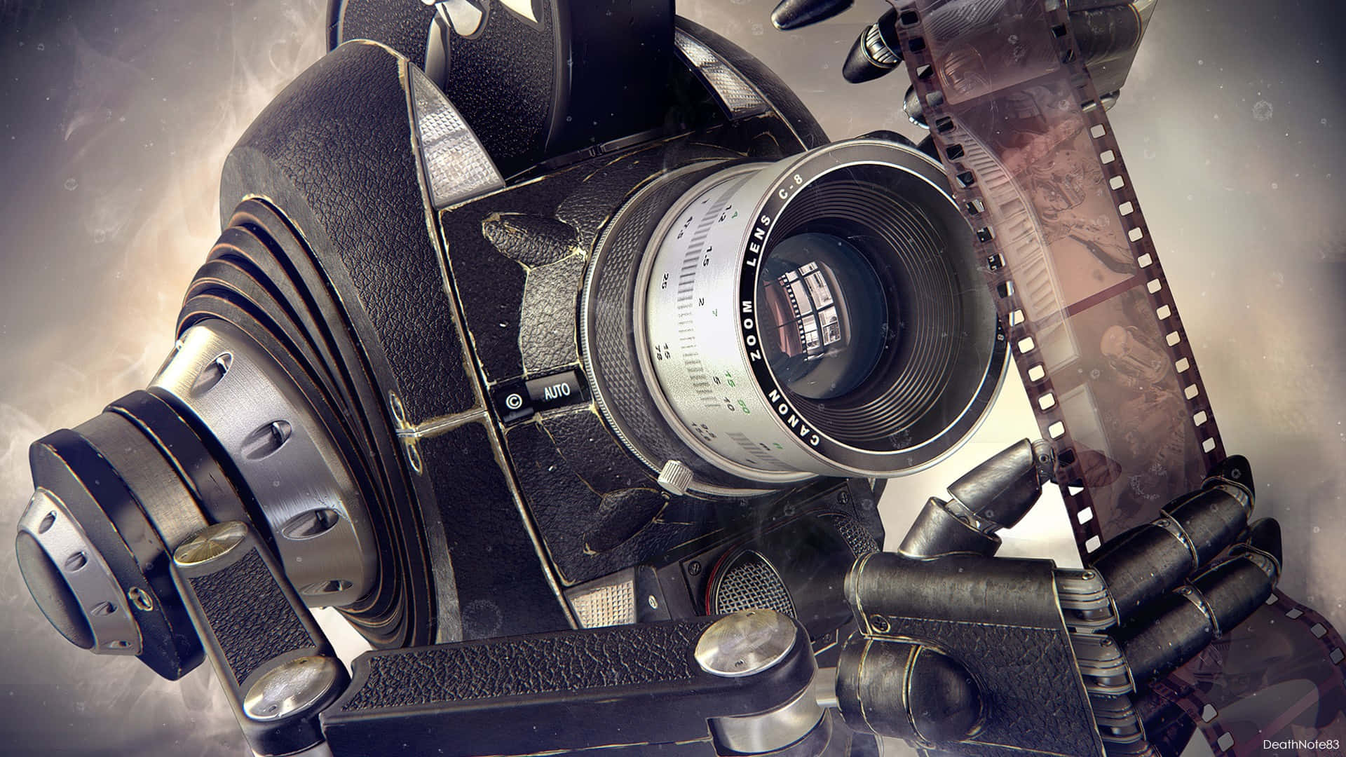 Film 桌布 壁紙 — 一部復古黑色Canon相機連同底片條在煙霧瀰漫的電影氛圍中漂浮。