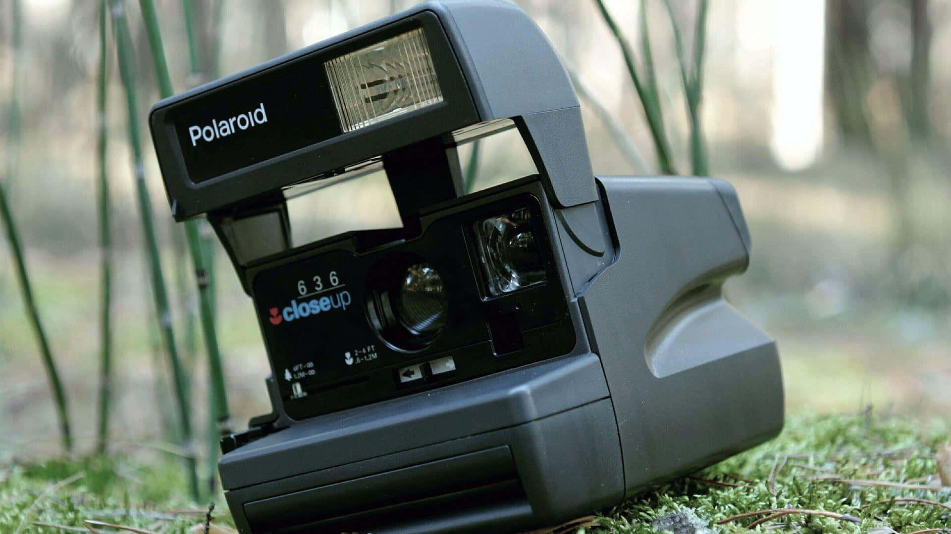 拍立得 桌布 壁紙 — 一部復古黑色Polaroid 636相機擱在長滿苔蘚的森林地面上，背景有模糊的竹莖。