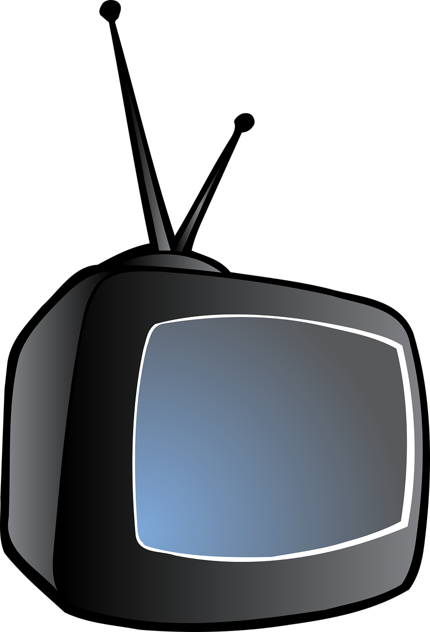 Television Icon 桌布 壁紙 — 一部復古黑色電視機，帶有兔耳天線和發光藍色螢幕，置於深色背景上。