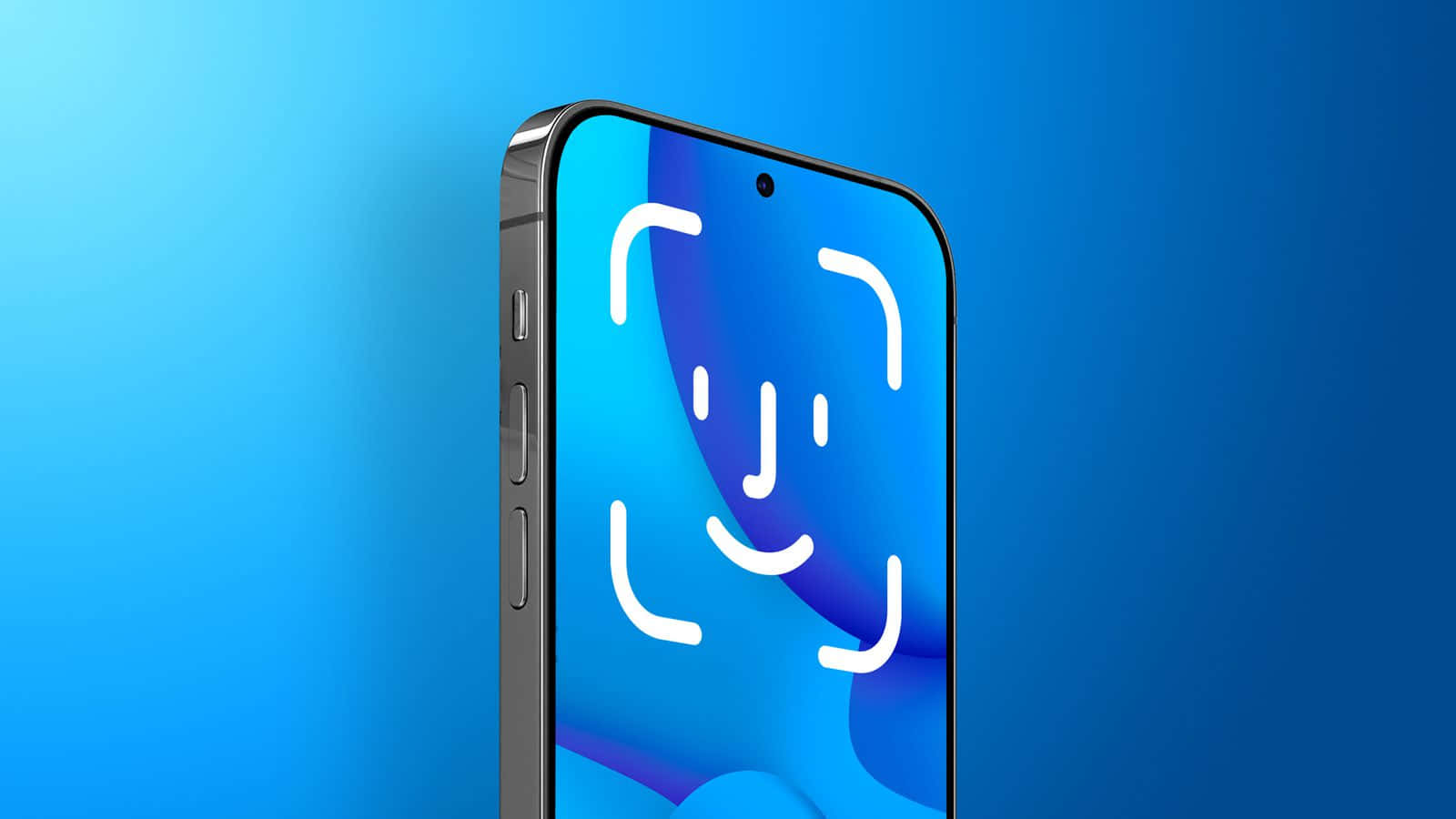 Face Id 桌布 壁紙 — 一部時尚智慧型手機，螢幕上帶有微笑臉部掃描疊加層，背景為漸變藍色。