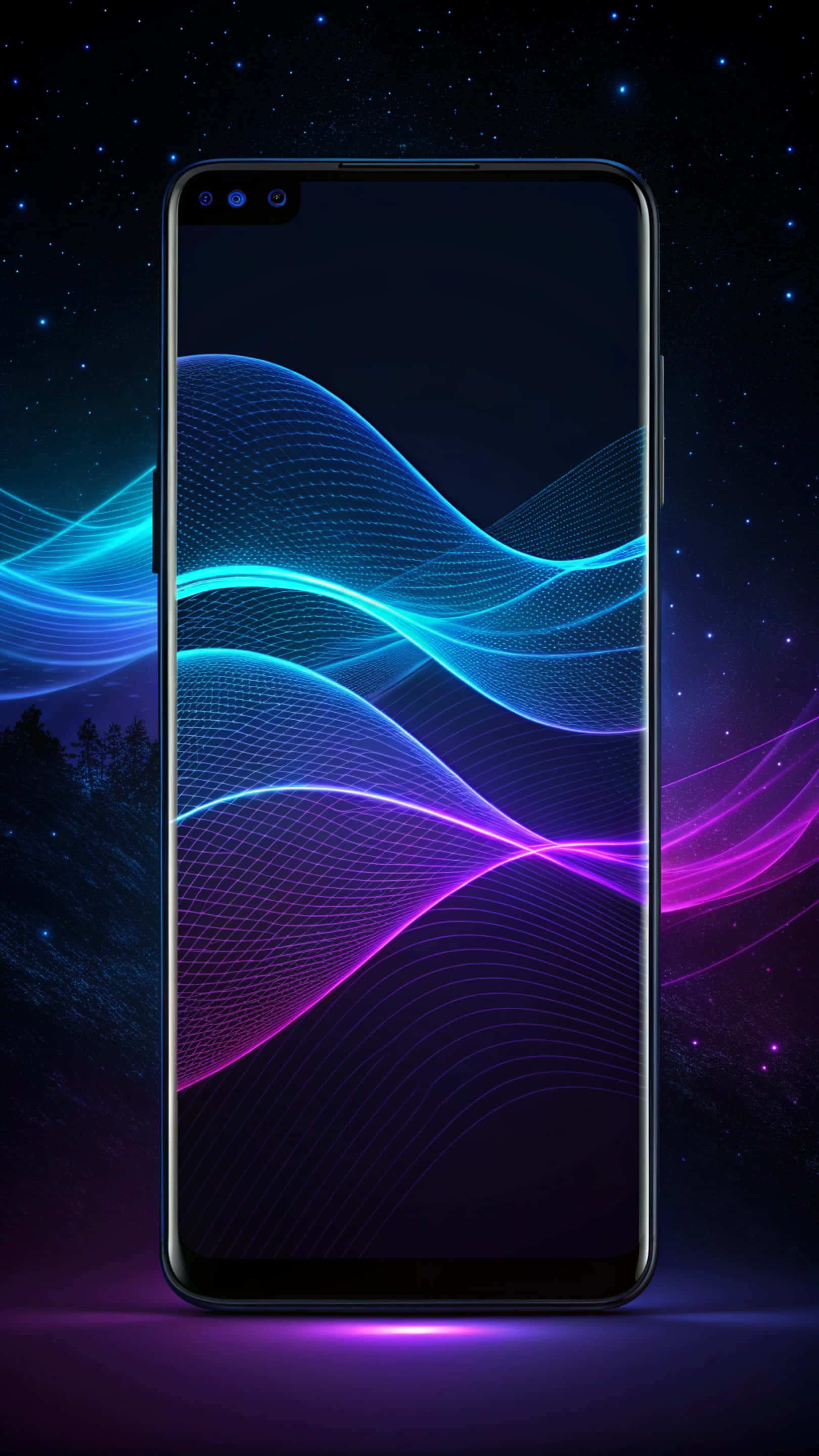 Gradient 桌布 壁紙 — 一部時尚智慧型手機在星空夜空和森林剪影背景下顯示發光的藍色和紫色波浪圖案。