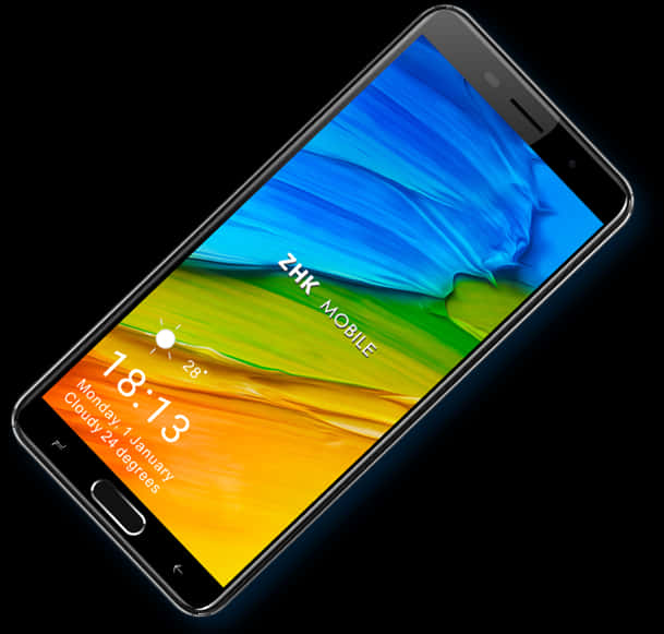 Smart Phone 桌布 壁紙 — 一部時尚智慧型手機在黑色背景上顯示帶有天氣資訊的鮮豔漸變桌布。