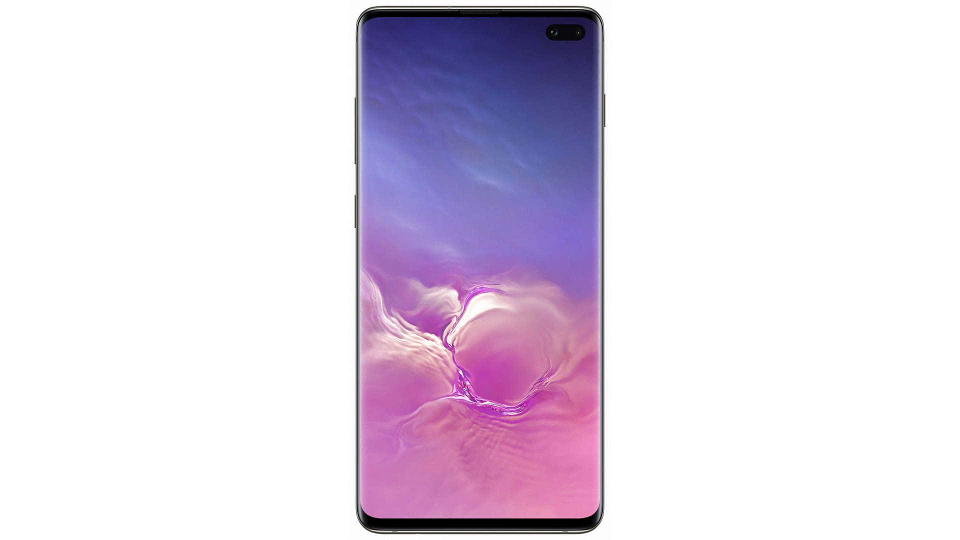 Galaxy S10 桌布 壁紙 — 一部時尚智慧型手機顯示充滿活力的紫色和粉紅色抽象流體桌布，帶有旋轉運動效果。