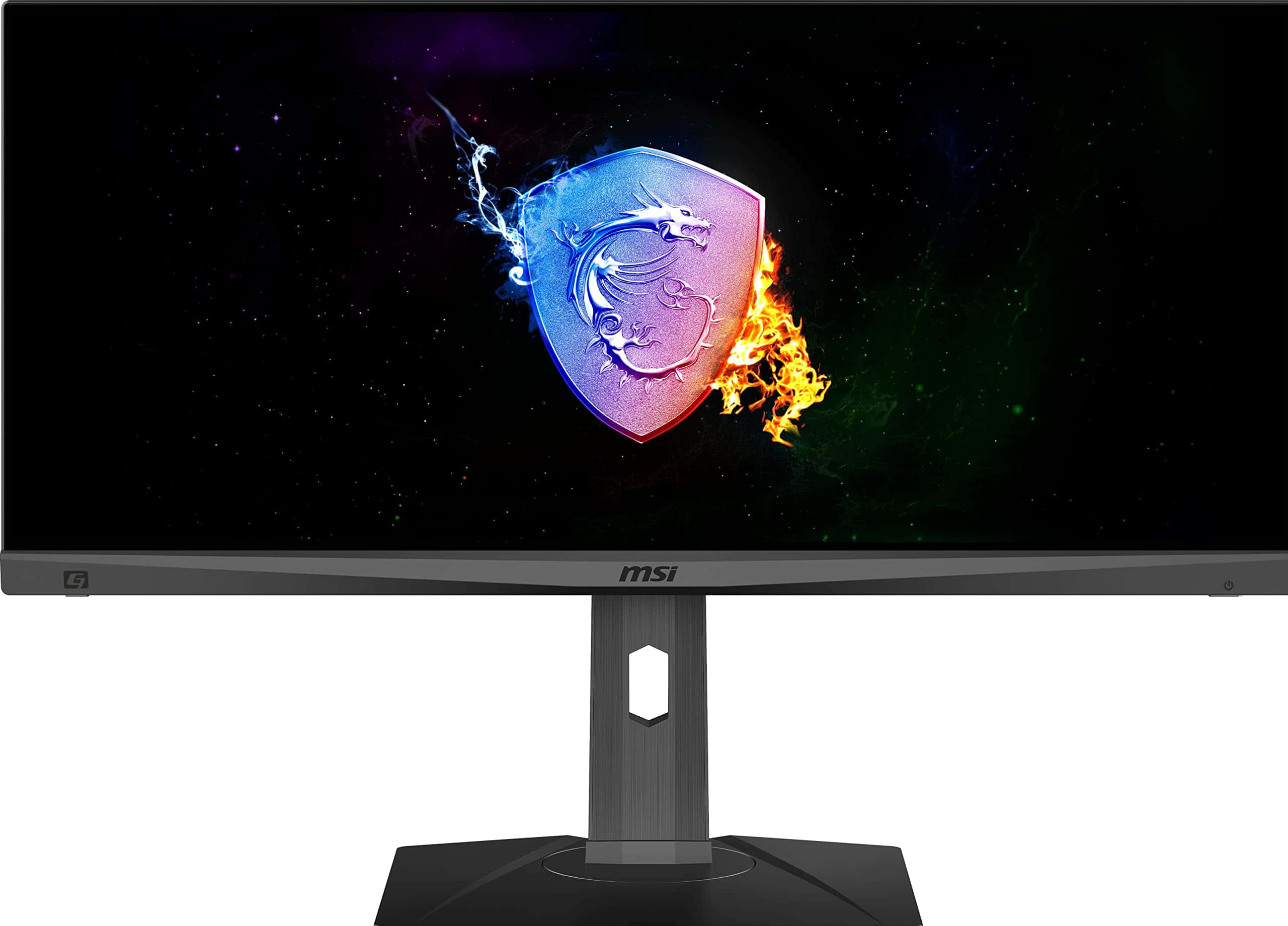 msi 2560x1080 桌布 壁紙 — 一部時尚的 MSI 遊戲顯示器在星空宇宙背景上展示了一個鮮明的盾牌標誌，被電光藍色閃電和火熱橙色火焰一分為二。