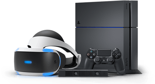 PlayStation 桌布 壁紙 — 一部時尚的 PlayStation 4 主機和 VR 頭戴式裝置連控制器放在反光表面上，背景為純白色。