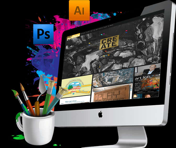 藝術 桌布 壁紙 — 一部時尚的iMac展示了一個創意拼貼畫，Adobe Photoshop和Illustrator標誌在充滿活力的油漆飛濺中爆發，旁邊是一杯畫筆。