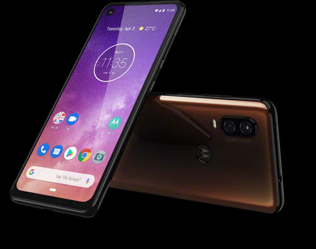 Smart Phone 桌布 壁紙 — 一部時尚的Motorola智慧型手機，帶有漸變古銅色背面和鮮豔的紫色螢幕，在黑色背景上顯示時間和應用程式。
