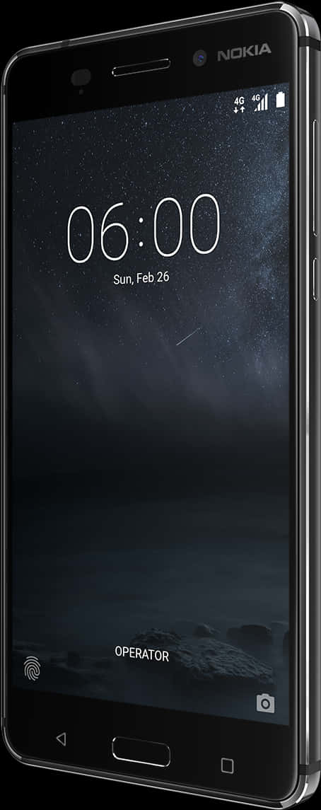 手機 桌布 壁紙 — 一部時尚的Nokia智慧型手機在螢幕上顯示星空桌布，時間為06:00，日期為2月26日（星期日）。