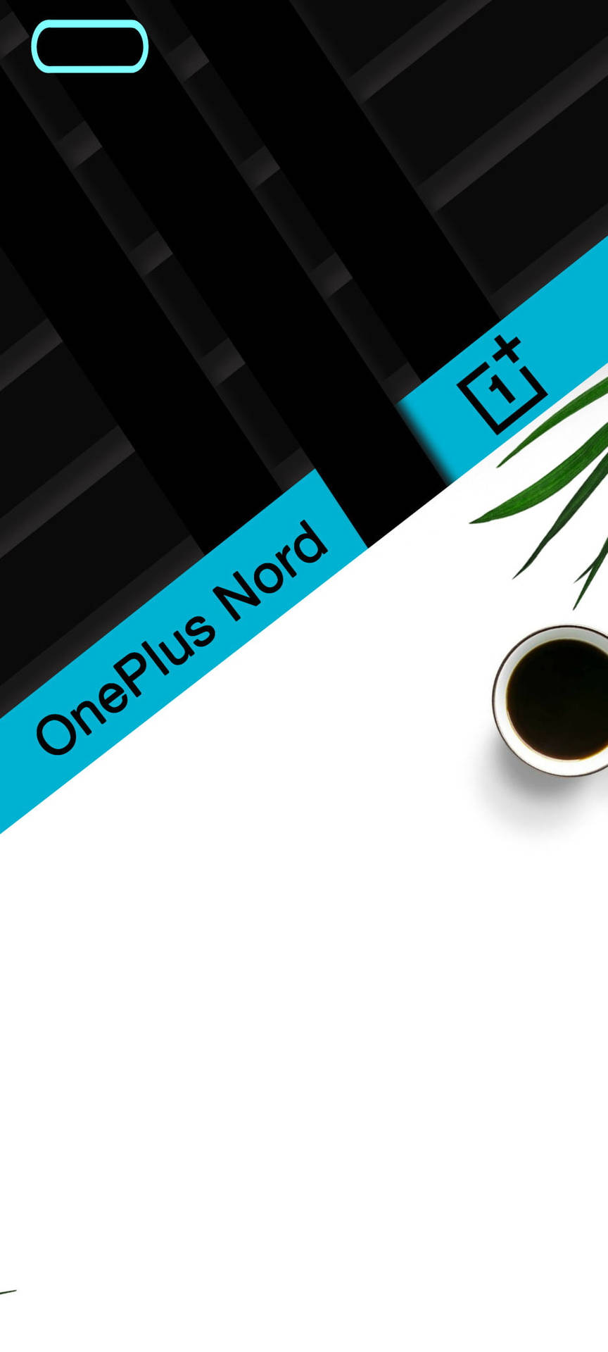咖啡動圖 桌布 壁紙 — 一部時尚的OnePlus Nord手機帶有青綠色品牌標誌，旁邊放著一杯咖啡和綠葉，置於簡約的黑白表面上。