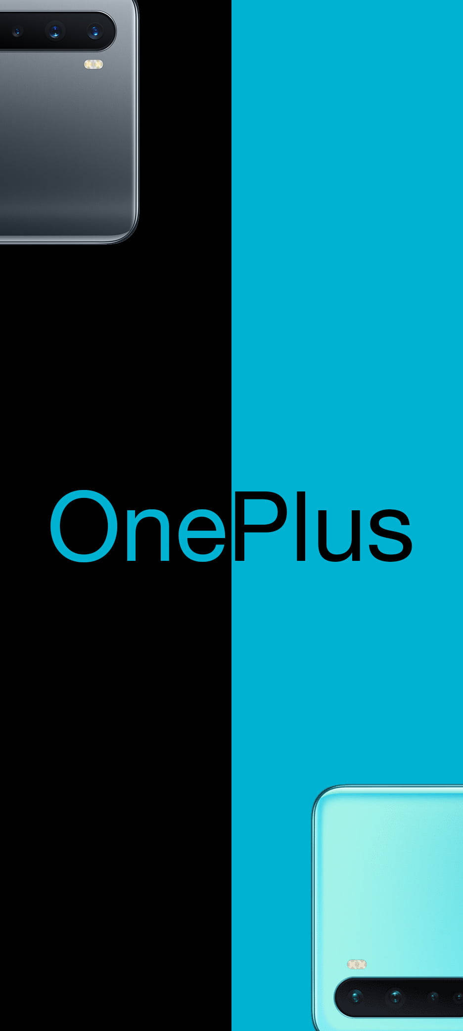 Black And Blue 桌布 壁紙 — 一部時尚的OnePlus手機，帶有黑色和青色的分割背景，展示品牌標誌和設備角落。
